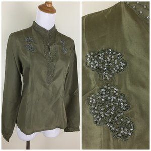 CALYPSO CHRISTIANE CELLE Green 100% Silk Beaded Floral Embroidery Slit Hem Shirt